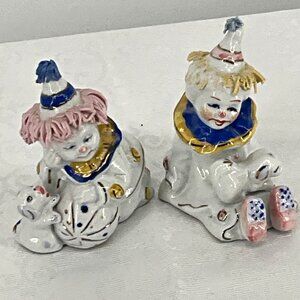 Porcelain Spaghetti Hair Clown Figurines S/2 Vintage Babies Dog Collectible Deco